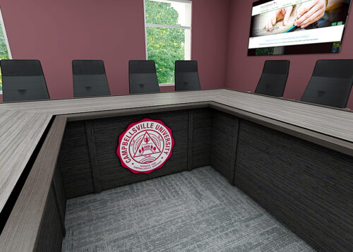 U_Shape_Table_Heilman-Center_04-1 U shape conference table with custom laminate logo on header base panel