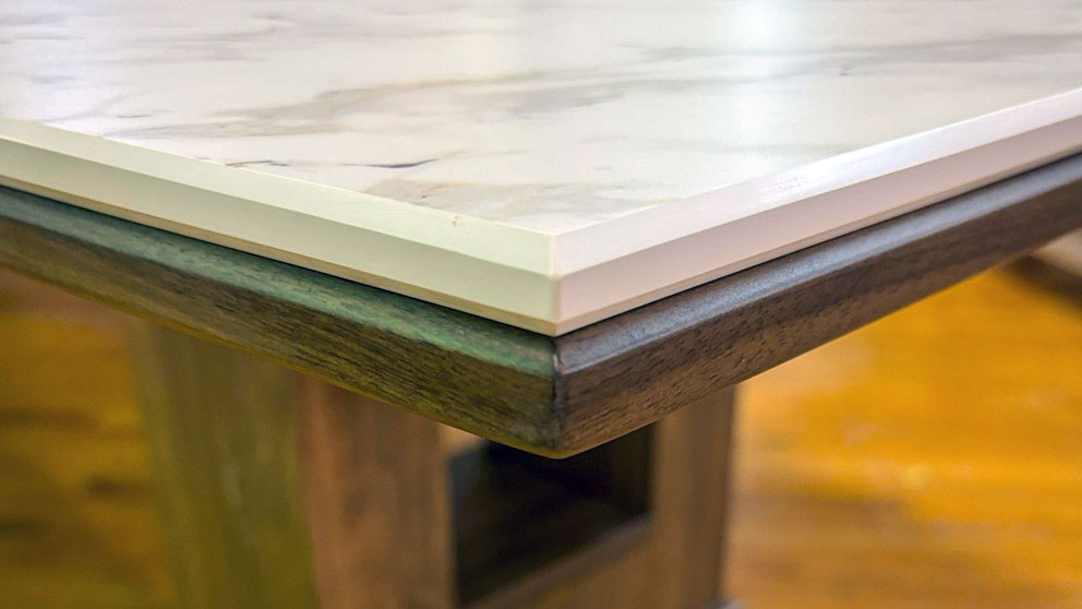 Thin laminate conference table edge detail showing Thinscape material construction